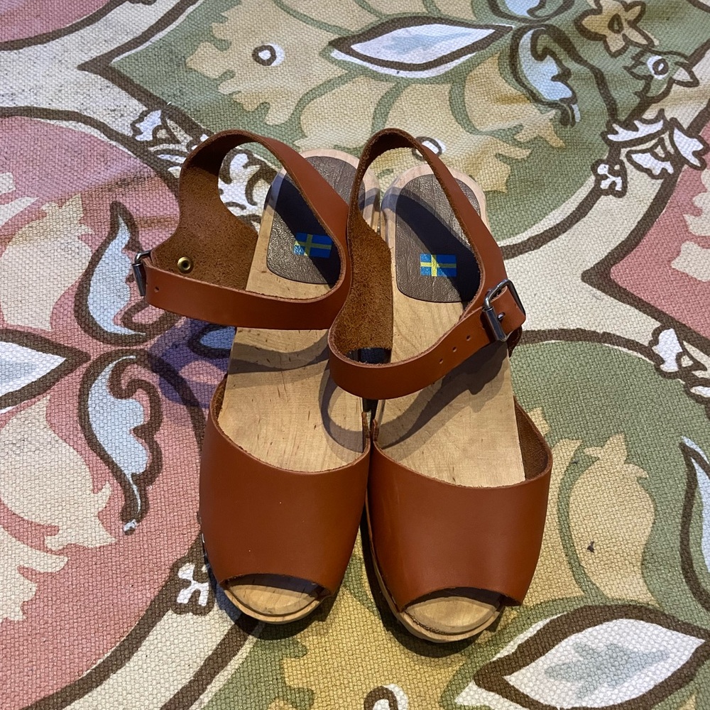 👹MIA Greta Luggage Swedish Scandinavian Peep Clog Heel Leather Mary Jean sandals - Picture 4 of 12